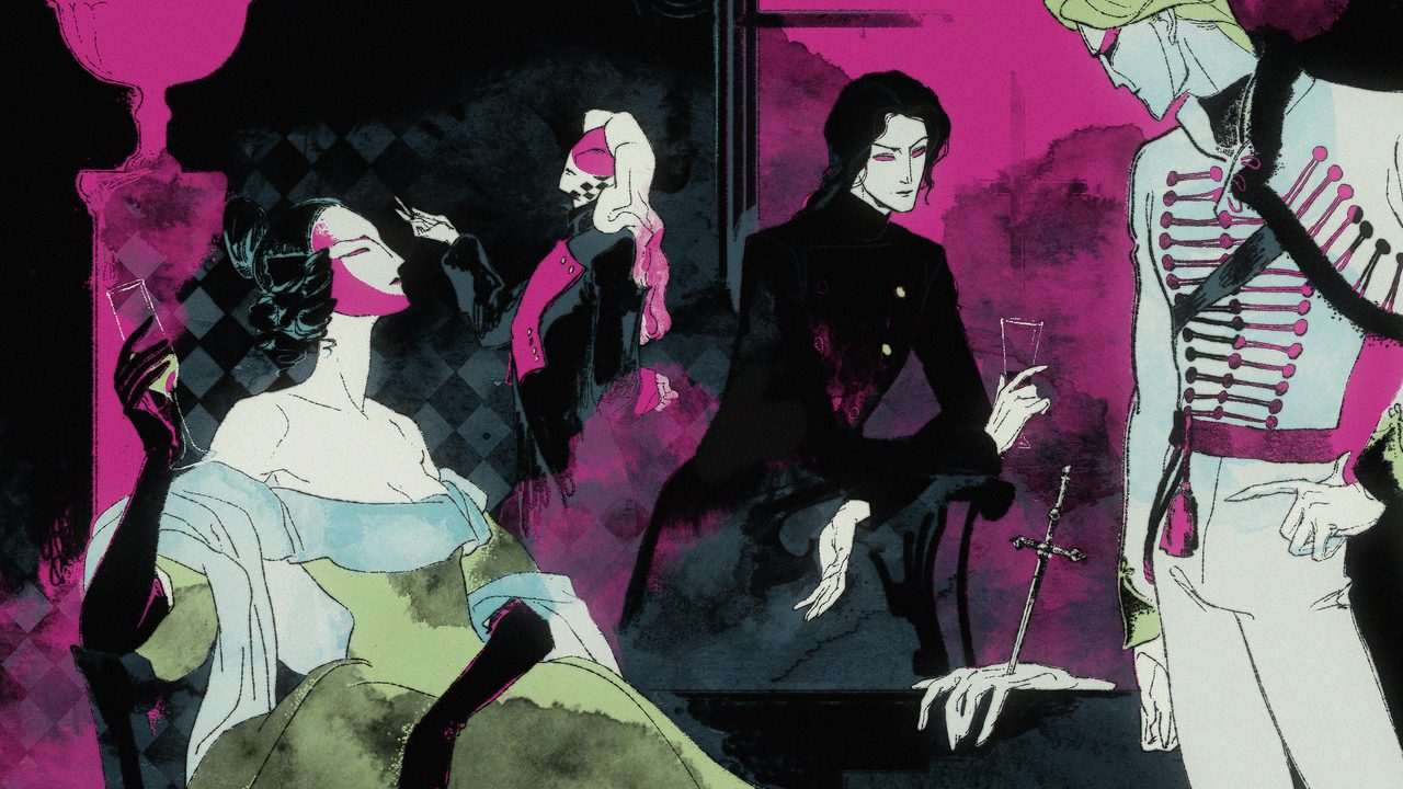 Vice Signalling on Steam: key art of masked guests of a secret society in a magenta-lit salon